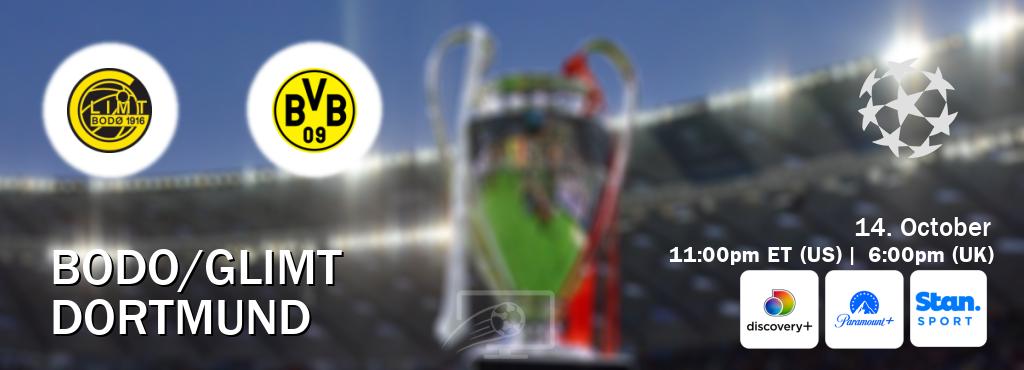 You can watch game live between Bodo/Glimt and Dortmund on Discovery +(UK), Paramount+(US), Stan Sport(AU). You can watch game live between Bodo/Glimt and Dortmund on Discovery +(UK), Paramount+(US), Stan Sport(AU).
