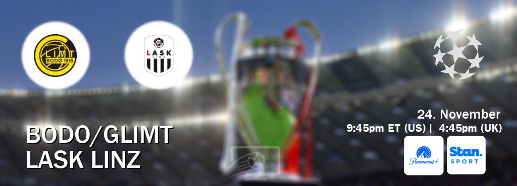 You can watch game live between Bodo/Glimt and LASK Linz on Paramount+(US) and Stan Sport(AU). You can watch game live between Bodo/Glimt and LASK Linz on Paramount+(US) and Stan Sport(AU).