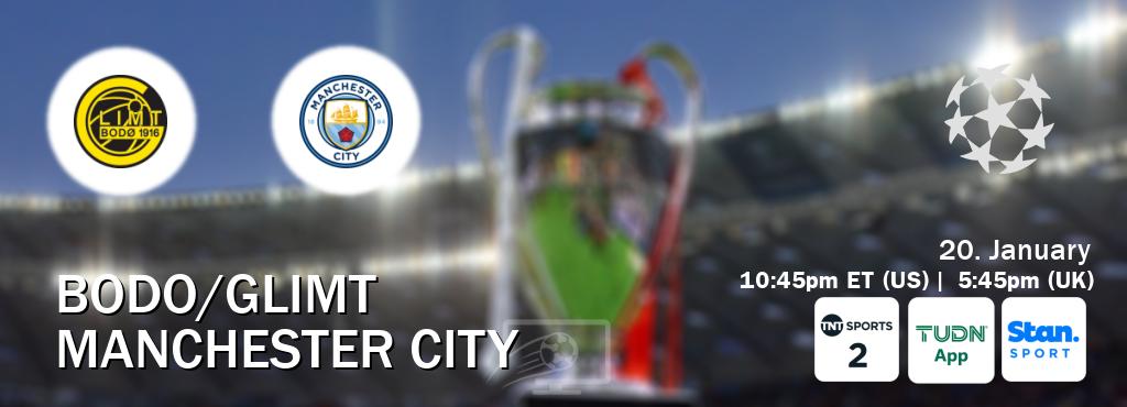 You can watch game live between Bodo/Glimt and Manchester City on TNT Sports 2(UK), TUDN Mobile(US), Stan Sport(AU).