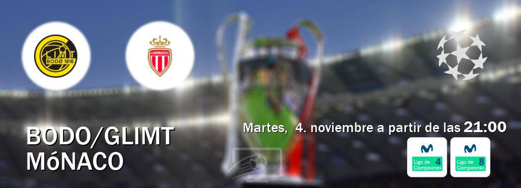 El partido entre Bodo/Glimt y Mónaco será retransmitido por Movistar Liga de Campeones 4 y Movistar Liga de Campeones 8 (martes, 4. noviembre a partir de las 21:00). El partido entre Bodo/Glimt y Mónaco será retransmitido por Movistar Liga de Campeones 4 y Movistar Liga de Campeones 8 (martes, 4. noviembre a partir de las 21:00).