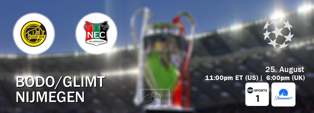 You can watch game live between Bodo/Glimt and Nijmegen on TNT Sports 1(UK) and Paramount+(US). You can watch game live between Bodo/Glimt and Nijmegen on TNT Sports 1(UK) and Paramount+(US).