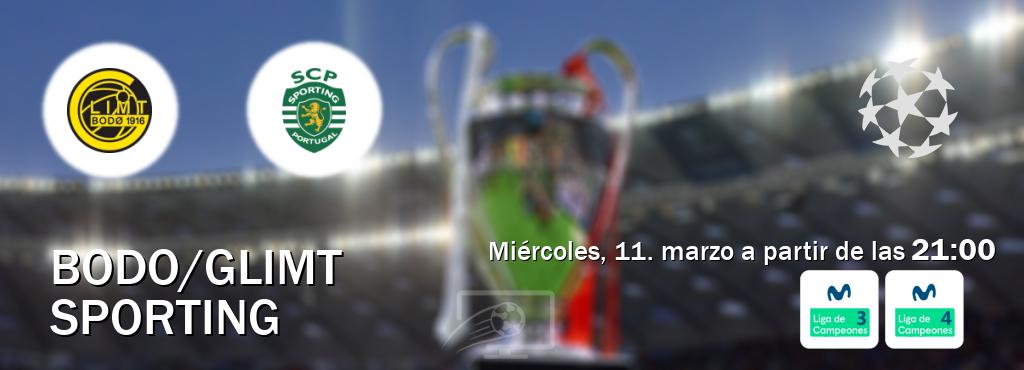 El partido entre Bodo/Glimt y Sporting será retransmitido por Movistar Liga de Campeones 3 y Movistar Liga de Campeones 4 (miércoles, 11. marzo a partir de las  21:00).