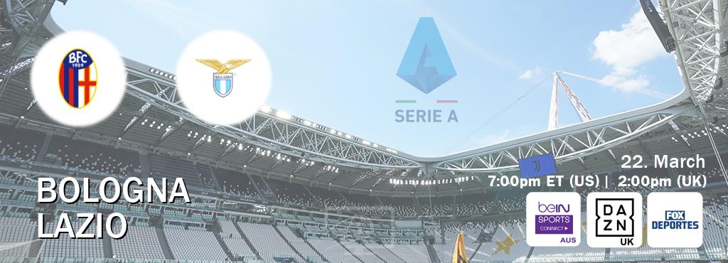 You can watch game live between Bologna and Lazio on beIN Sports Connect(AU), DAZN UK(UK), Fox Deportes(US).