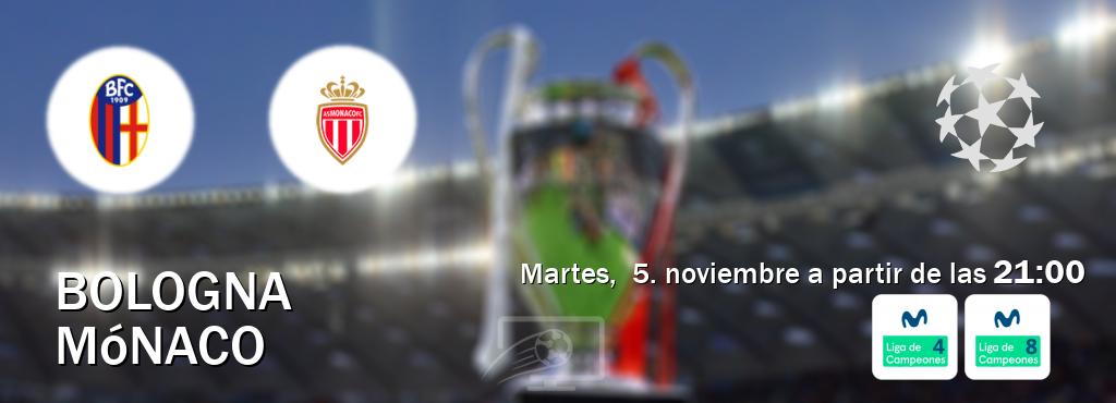 El partido entre Bologna y Mónaco será retransmitido por Movistar Liga de Campeones 4 y Movistar Liga de Campeones 8 (martes,  5. noviembre a partir de las  21:00).