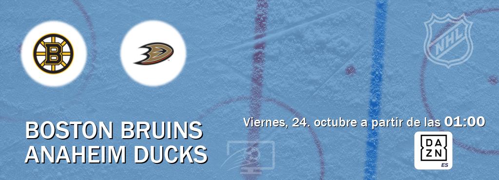 El partido entre Boston Bruins y Anaheim Ducks será retransmitido por DAZN España (viernes, 24. octubre a partir de las 01:00). El partido entre Boston Bruins y Anaheim Ducks será retransmitido por DAZN España (viernes, 24. octubre a partir de las 01:00).