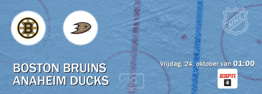 Wedstrijd tussen Boston Bruins en Anaheim Ducks live op tv bij ESPN 4 (vrijdag, 24. oktober van 01:00). Wedstrijd tussen Boston Bruins en Anaheim Ducks live op tv bij ESPN 4 (vrijdag, 24. oktober van 01:00).