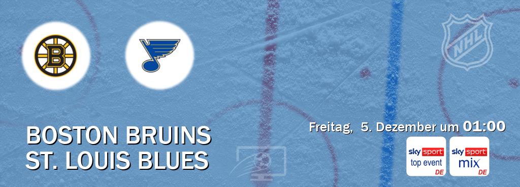 Das Spiel zwischen Boston Bruins und St. Louis Blues wird am Freitag,  5. Dezember um  01:00, live vom Sky Sport Top Event und Sky Sport Mix übertragen.