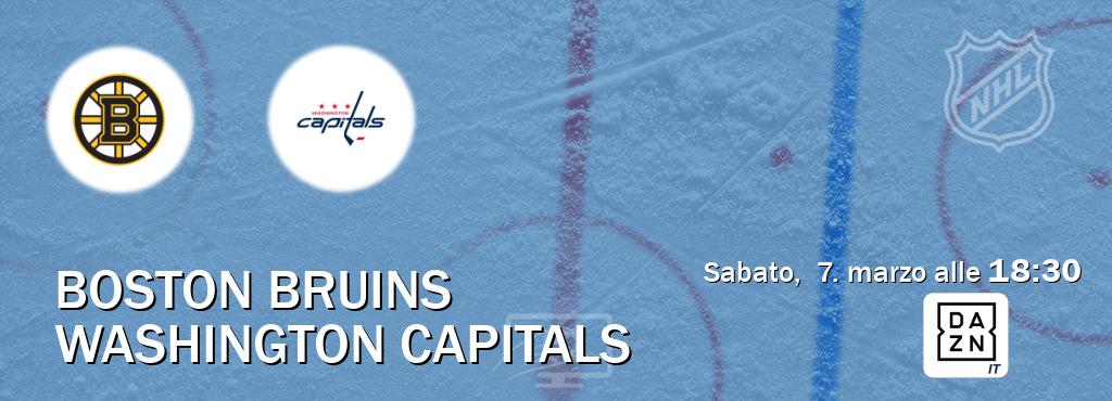 Il match Boston Bruins - Washington Capitals sarà trasmesso in diretta TV su DAZN Italia (ore 18:30) Il match Boston Bruins - Washington Capitals sarà trasmesso in diretta TV su DAZN Italia (ore 18:30)