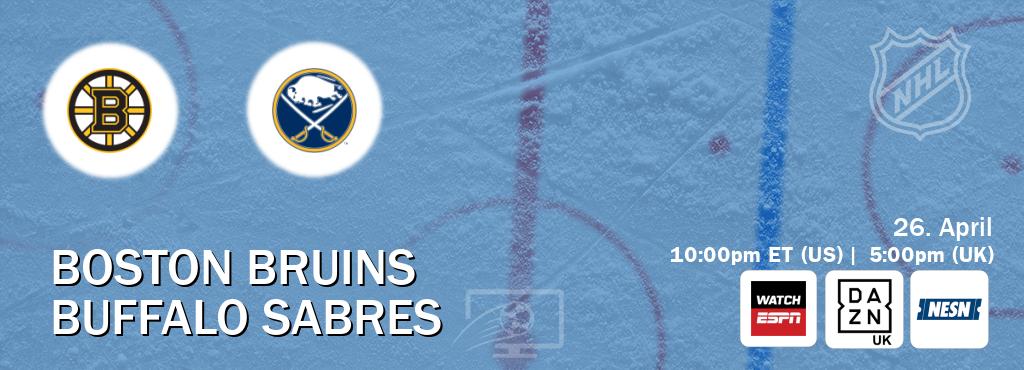 You can watch game live between Boston Bruins and Buffalo Sabres on WatchESPN(AU), DAZN UK(UK), NESN(US).