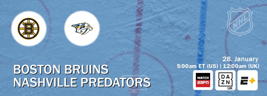 You can watch game live between Boston Bruins and Nashville Predators on WatchESPN(AU), DAZN UK(UK), ESPN+(US).