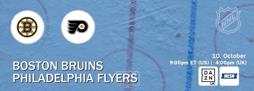 You can watch game live between Boston Bruins and Philadelphia Flyers on DAZN UK(UK) and NESN(US). You can watch game live between Boston Bruins and Philadelphia Flyers on DAZN UK(UK) and NESN(US).