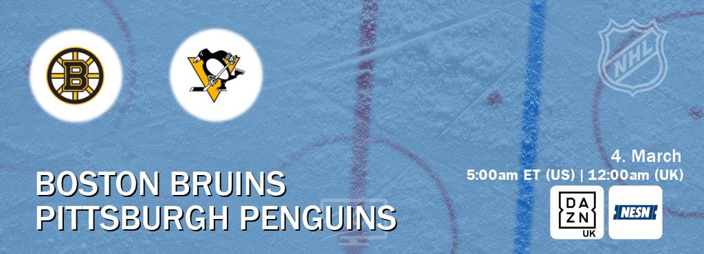 You can watch game live between Boston Bruins and Pittsburgh Penguins on DAZN UK(UK) and NESN(US).