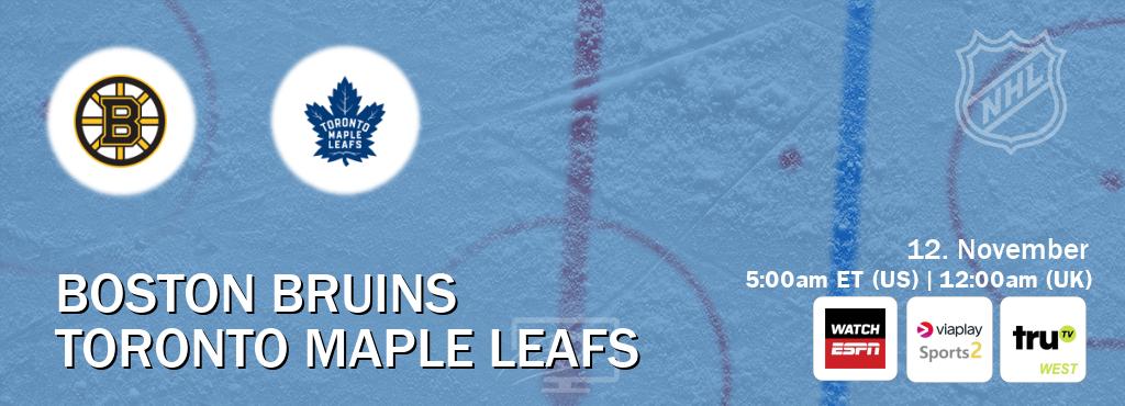 You can watch game live between Boston Bruins and Toronto Maple Leafs on WatchESPN(AU), Viaplay Sports 2(UK), truTV West(US). You can watch game live between Boston Bruins and Toronto Maple Leafs on WatchESPN(AU), Viaplay Sports 2(UK), truTV West(US).