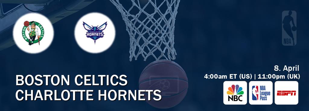 You can watch game live between Boston Celtics and Charlotte Hornets on NBC(US), NBA League Pass, ESPN(AU). You can watch game live between Boston Celtics and Charlotte Hornets on NBC(US), NBA League Pass, ESPN(AU).