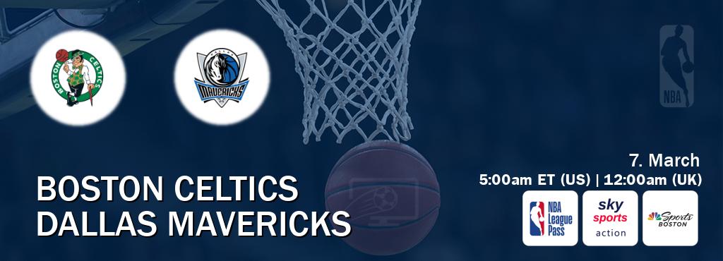 You can watch game live between Boston Celtics and Dallas Mavericks on NBA League Pass, Sky Sports Action(UK), NBCS Boston(US). You can watch game live between Boston Celtics and Dallas Mavericks on NBA League Pass, Sky Sports Action(UK), NBCS Boston(US).