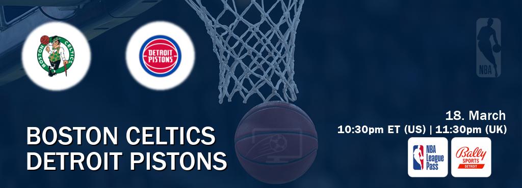 You can watch game live between Boston Celtics and Detroit Pistons on NBA League Pass and Bally Sports Detroit(US).