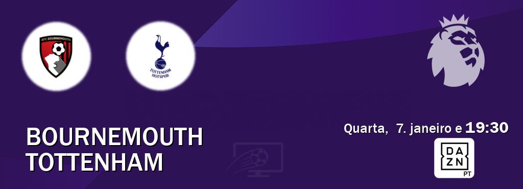 Jogo entre Bournemouth e Tottenham tem emissão DAZN (quarta,  7. janeiro e  19:30).