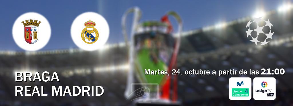 El partido entre Braga y Real Madrid será retransmitido por Movistar Liga de Campeones 4 y LaLigaTV Bar (martes, 24. octubre a partir de las  21:00).