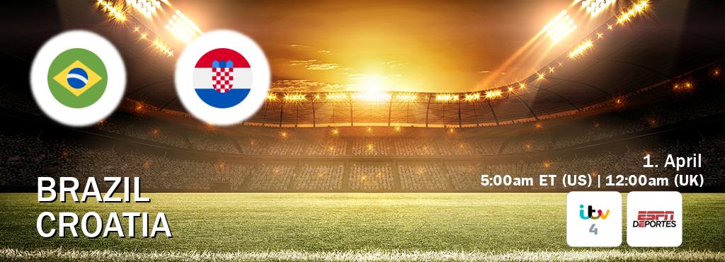 You can watch game live between Brazil and Croatia on ITV 4(UK) and ESPN Deportes(US).