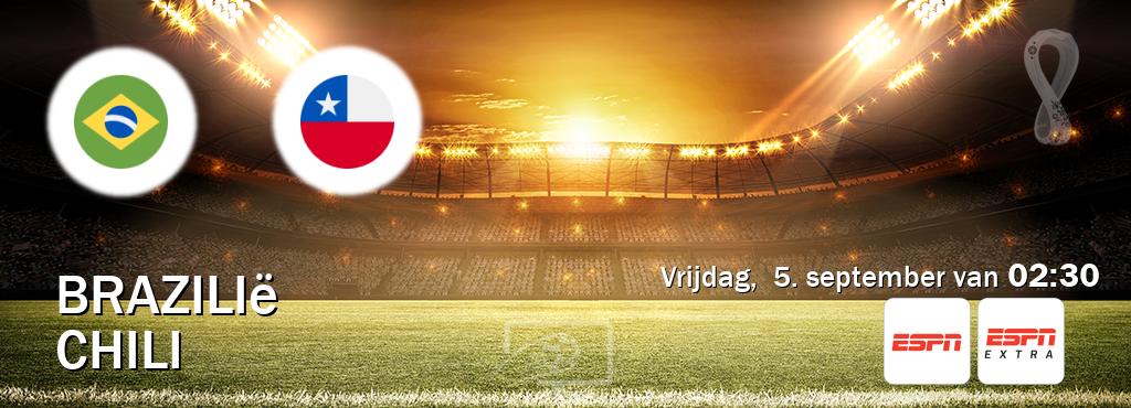 Wedstrijd tussen Brazilië en Chili live op tv bij ESPN 1, ESPN Extra (vrijdag,  5. september van  02:30).
