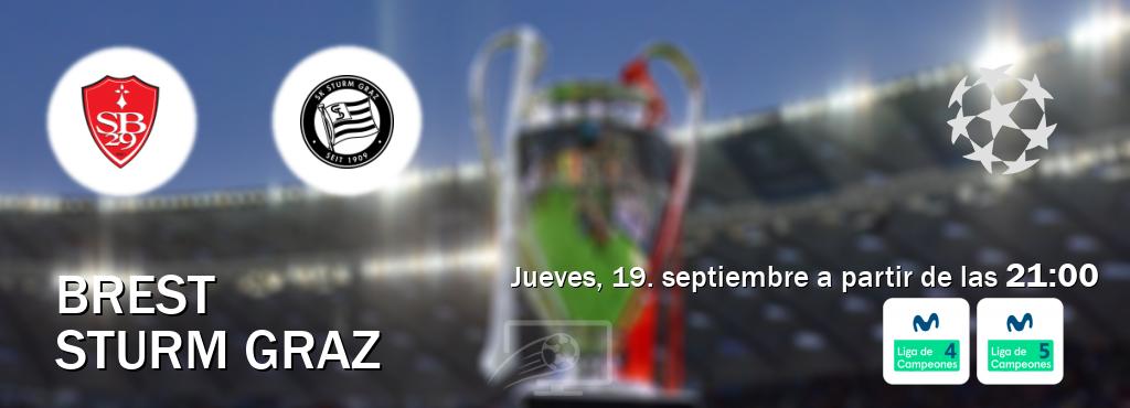 El partido entre Brest y Sturm Graz será retransmitido por Movistar Liga de Campeones 4 y Movistar Liga de Campeones 5 (jueves, 19. septiembre a partir de las  21:00).