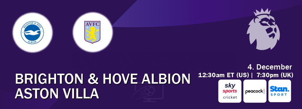 You can watch game live between Brighton & Hove Albion and Aston Villa on Sky Sports Cricket(UK), Peacock(US), Stan Sport(AU). You can watch game live between Brighton & Hove Albion and Aston Villa on Sky Sports Cricket(UK), Peacock(US), Stan Sport(AU).