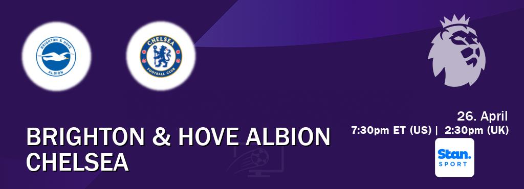 You can watch game live between Brighton & Hove Albion and Chelsea on Stan Sport(AU). You can watch game live between Brighton & Hove Albion and Chelsea on Stan Sport(AU).