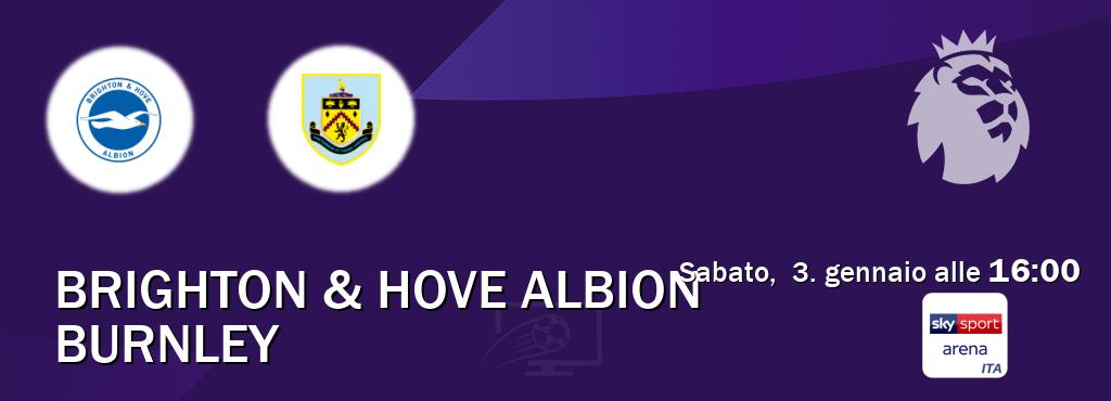Il match Brighton & Hove Albion - Burnley sarà trasmesso in diretta TV su Sky Sport Arena (ore 16:00)