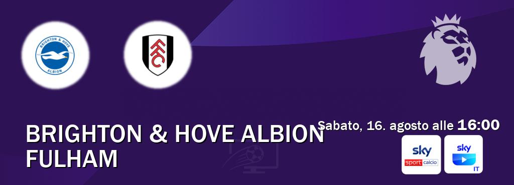 Il match Brighton & Hove Albion - Fulham sarà trasmesso in diretta TV su Sky Sport Calcio e SKY Go Italia (ore 16:00) Il match Brighton & Hove Albion - Fulham sarà trasmesso in diretta TV su Sky Sport Calcio e SKY Go Italia (ore 16:00)