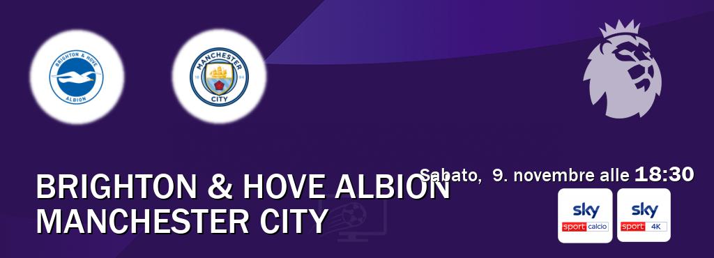 Il match Brighton & Hove Albion - Manchester City sarà trasmesso in diretta TV su Sky Sport Calcio e Sky Sport 4K (ore 18:30)