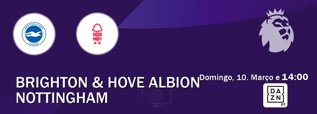 Jogo entre Brighton & Hove Albion e Nottingham tem emissão DAZN (Domingo, 10. Março e  14:00).