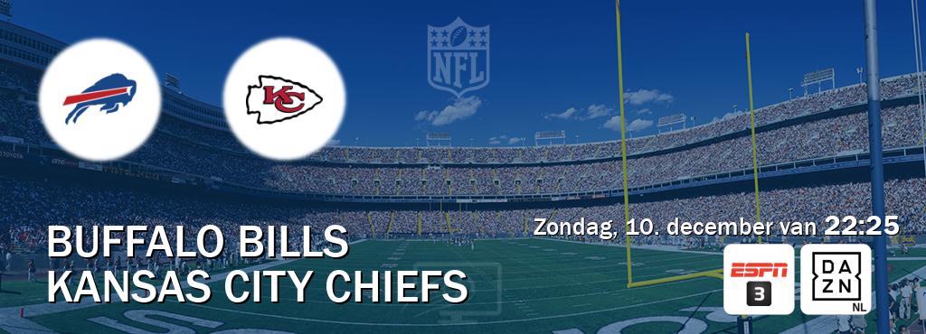 Wedstrijd tussen Buffalo Bills en Kansas City Chiefs live op tv bij ESPN 3, DAZN (zondag, 10. december van  22:25).