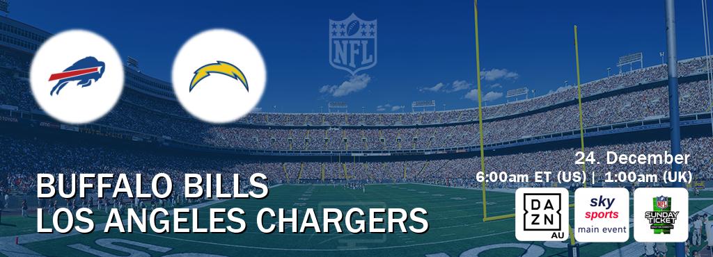 You can watch game live between Buffalo Bills and Los Angeles Chargers on DAZN(AU), Sky Sports Main Event(UK), NFL Sunday Ticket(US).