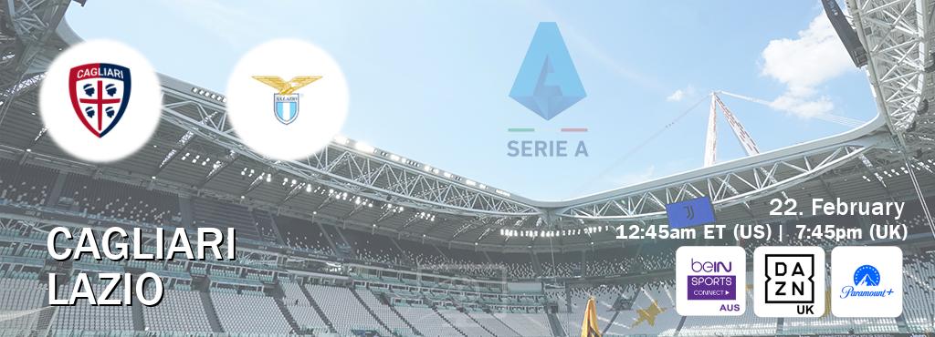 You can watch game live between Cagliari and Lazio on beIN Sports Connect(AU), DAZN UK(UK), Paramount+(US).