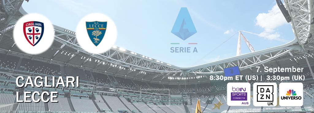 You can watch game live between Cagliari and Lecce on beIN Sports Connect(AU), DAZN UK(UK), UNIVERSO(US). You can watch game live between Cagliari and Lecce on beIN Sports Connect(AU), DAZN UK(UK), UNIVERSO(US).