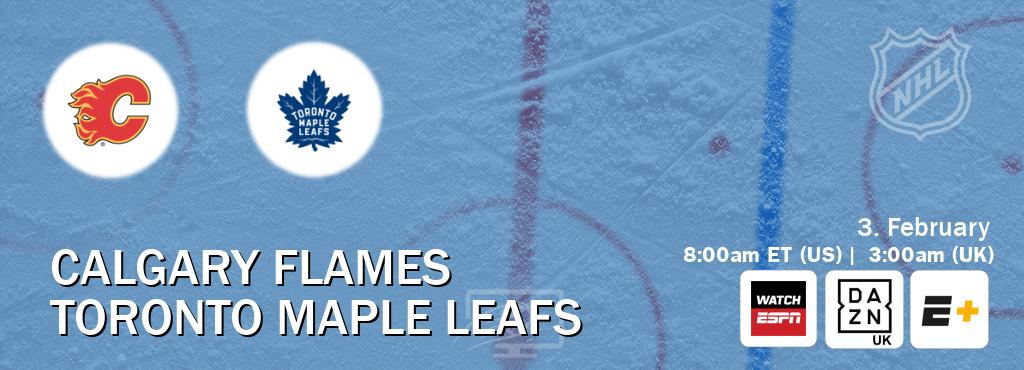 You can watch game live between Calgary Flames and Toronto Maple Leafs on WatchESPN(AU), DAZN UK(UK), ESPN+(US). You can watch game live between Calgary Flames and Toronto Maple Leafs on WatchESPN(AU), DAZN UK(UK), ESPN+(US).