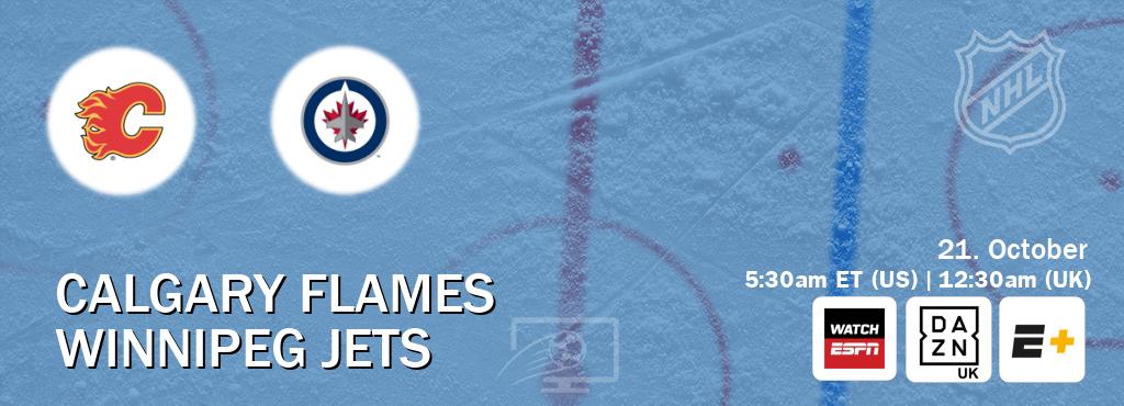 You can watch game live between Calgary Flames and Winnipeg Jets on WatchESPN(AU), DAZN UK(UK), ESPN+(US). You can watch game live between Calgary Flames and Winnipeg Jets on WatchESPN(AU), DAZN UK(UK), ESPN+(US).
