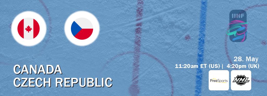 You can watch game live between Canada and Czech Republic on FreeSports and NHL Network.
