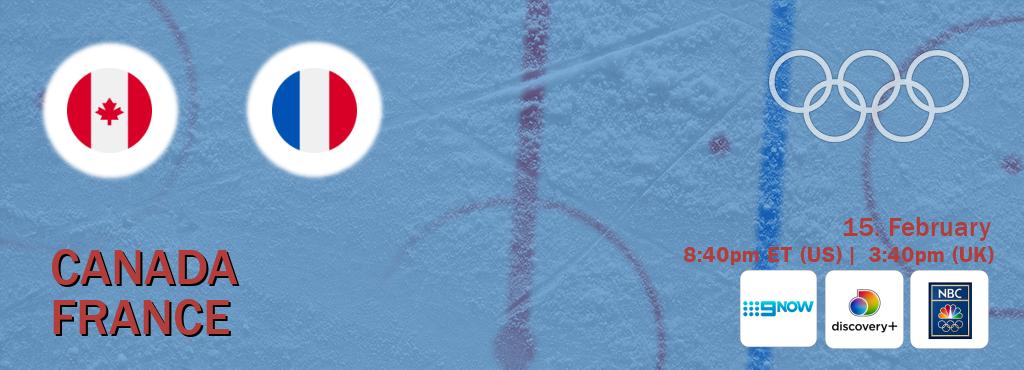 You can watch game live between Canada and France on 9 Now(AU), Discovery +(UK), NBC Olympics(US).