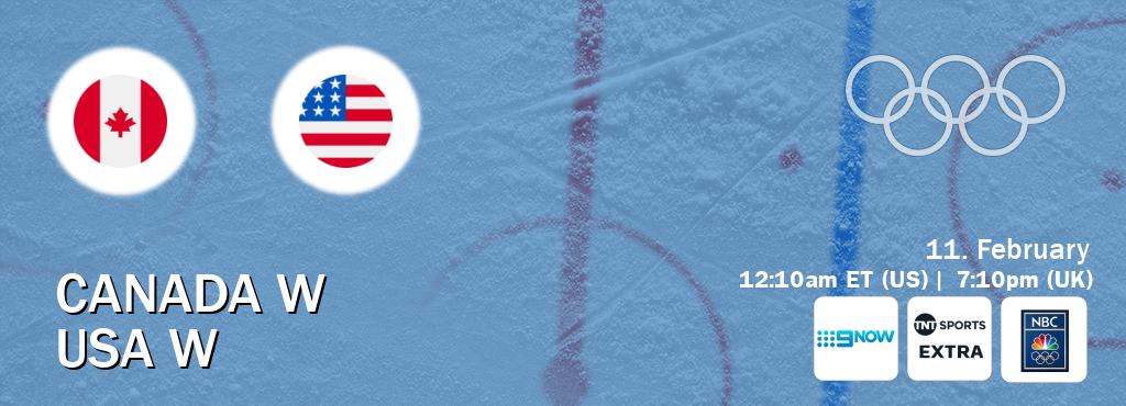 You can watch game live between Canada W and USA W on 9 Now(AU), TNT Sports Extra(UK), NBC Olympics(US).