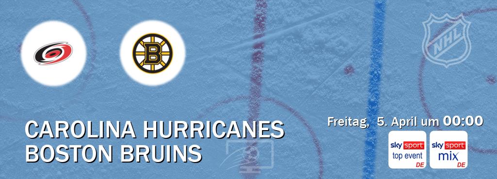 Das Spiel zwischen Carolina Hurricanes und Boston Bruins wird am Freitag,  5. April um  00:00, live vom Sky Sport Top Event und Sky Sport Mix übertragen.