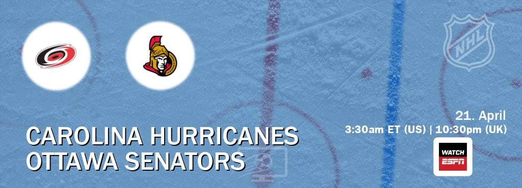 You can watch game live between Carolina Hurricanes and Ottawa Senators on WatchESPN(AU).