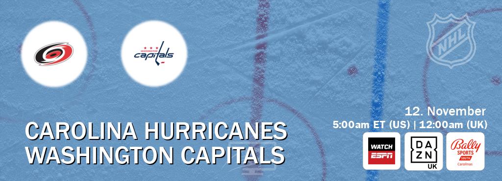 You can watch game live between Carolina Hurricanes and Washington Capitals on WatchESPN(AU), DAZN UK(UK), Bally Sports South - Carolinas(US). You can watch game live between Carolina Hurricanes and Washington Capitals on WatchESPN(AU), DAZN UK(UK), Bally Sports South - Carolinas(US).
