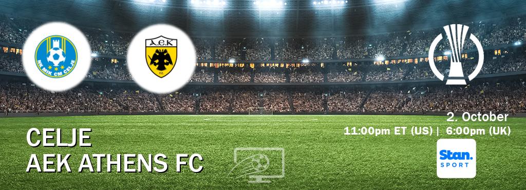 You can watch game live between Celje and AEK Athens FC on Stan Sport(AU). You can watch game live between Celje and AEK Athens FC on Stan Sport(AU).