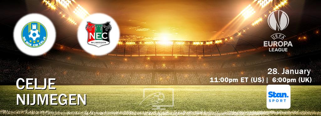You can watch game live between Celje and Nijmegen on Stan Sport(AU). You can watch game live between Celje and Nijmegen on Stan Sport(AU).