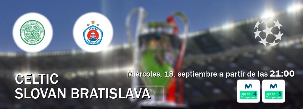 El partido entre Celtic y Slovan Bratislava será retransmitido por Movistar Liga de Campeones 4 y Movistar Liga de Campeones 5 (miércoles, 18. septiembre a partir de las  21:00).