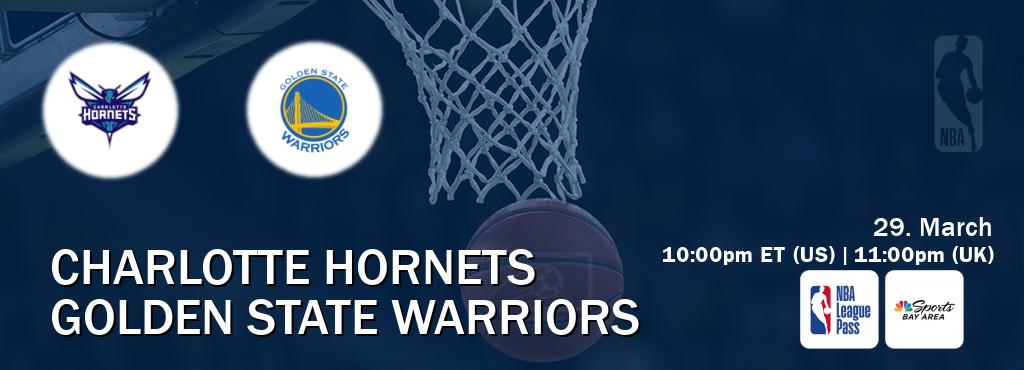 You can watch game live between Charlotte Hornets and Golden State Warriors on NBA League Pass and NBCS Bay Area(US).