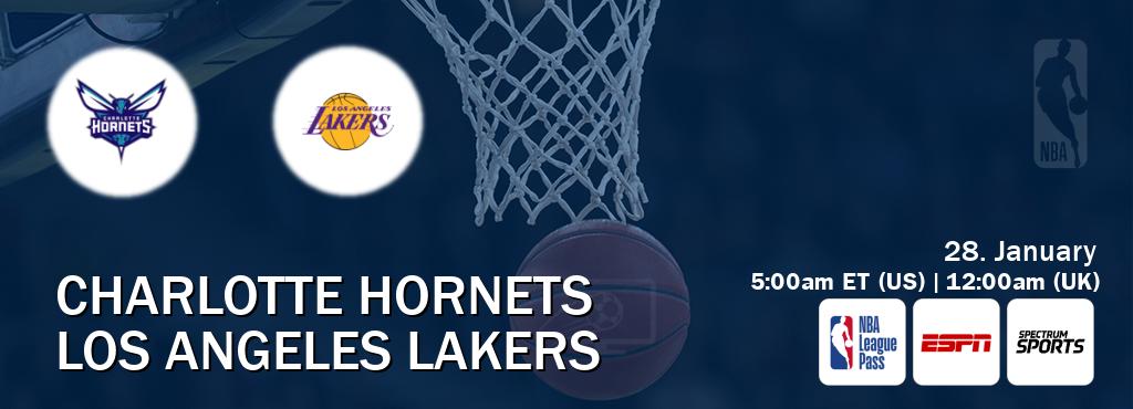 You can watch game live between Charlotte Hornets and Los Angeles Lakers on NBA League Pass, ESPN(AU), Spectrum Sports(US).