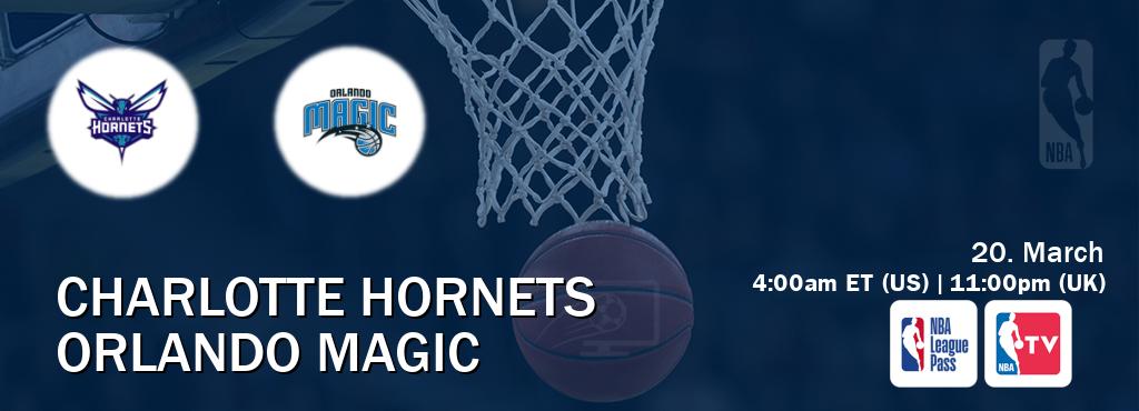 You can watch game live between Charlotte Hornets and Orlando Magic on NBA League Pass and NBA TV(US). You can watch game live between Charlotte Hornets and Orlando Magic on NBA League Pass and NBA TV(US).