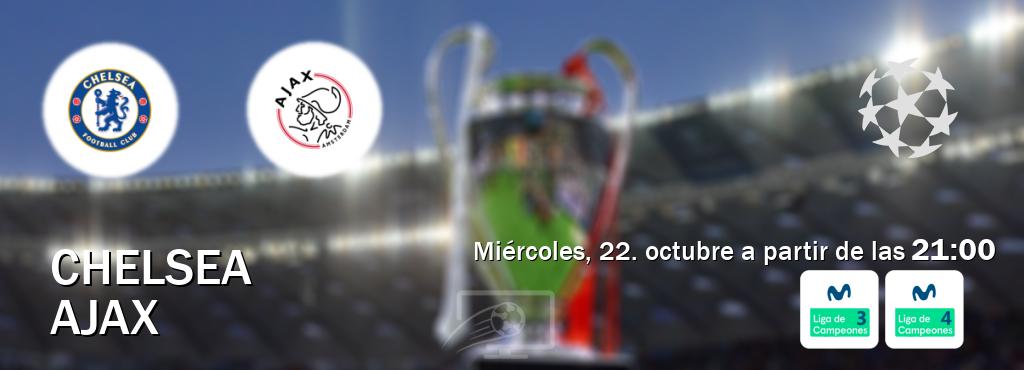 El partido entre Chelsea y Ajax será retransmitido por Movistar Liga de Campeones 3 y Movistar Liga de Campeones 4 (miércoles, 22. octubre a partir de las 21:00). El partido entre Chelsea y Ajax será retransmitido por Movistar Liga de Campeones 3 y Movistar Liga de Campeones 4 (miércoles, 22. octubre a partir de las 21:00).